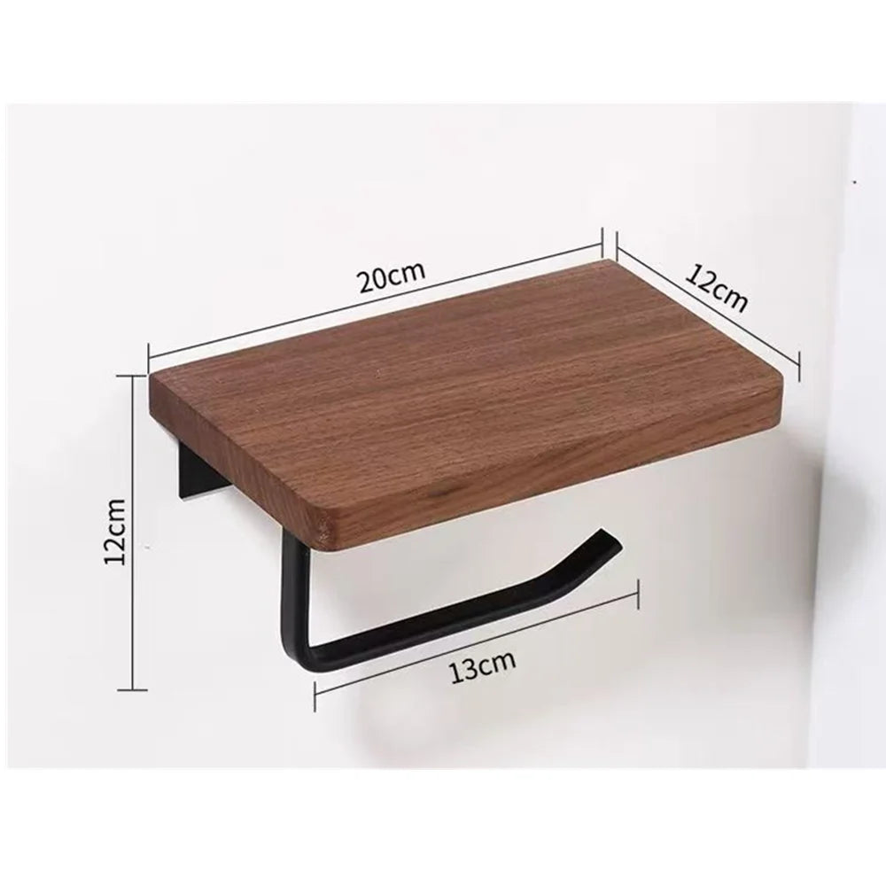 Wall-Mounted Toilet Paper Holder with Walnut Shelf
