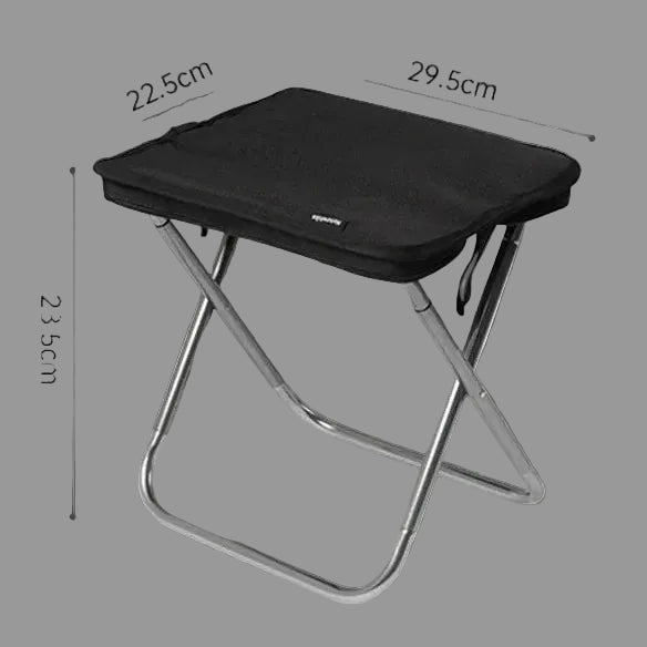 Black folding stool with dimensions labeled on a gray background