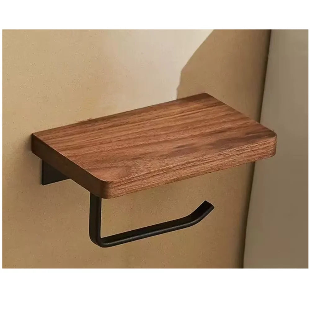 Wall-Mounted Toilet Paper Holder with Walnut Shelf