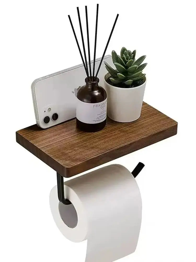Wall-Mounted Toilet Paper Holder with Walnut Shelf
