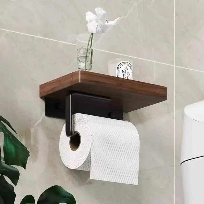 Wall-Mounted Toilet Paper Holder with Walnut Shelf