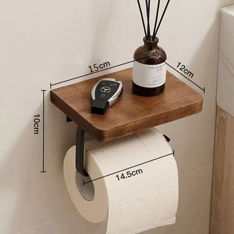 Wall-Mounted Toilet Paper Holder with Walnut Shelf