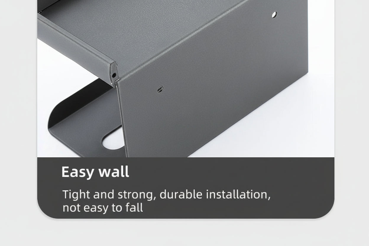 Gray metal box with text indicating ease of installation on a white background