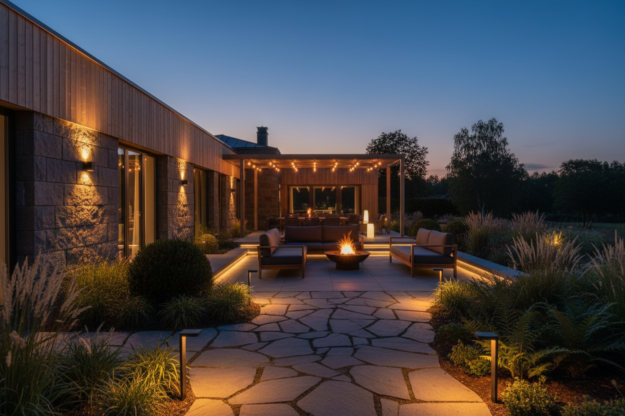 A high-end, cinematic outdoor home scene at dusk featuring warm LED and solar-powered ambient lighting. Include wall-mounted solar lights, pathway lights, and subtle garden illumination. Soft golden light glows around a cozy patio with modern furniture. Emphasize weatherproof, durable, eco-friendly lighting solutions. Clean, premium aesthetic, sharp details, soft shadows, warm inviting tones. No text. No logos. Modern Scandinavian-inspired backyard design.