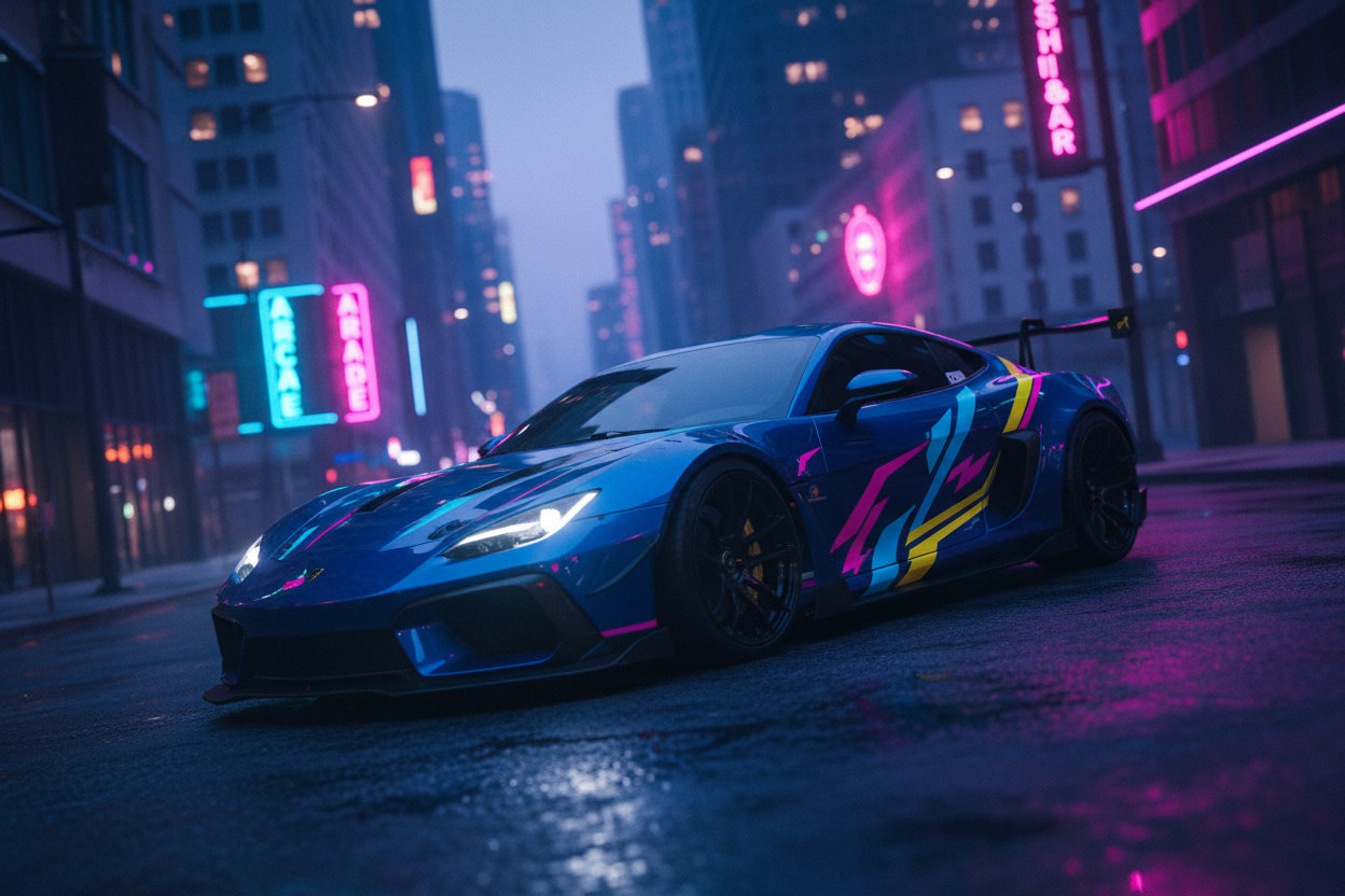 modern sports car, aggressive stance, dusk lighting, neon city reflections, bold sticker accents