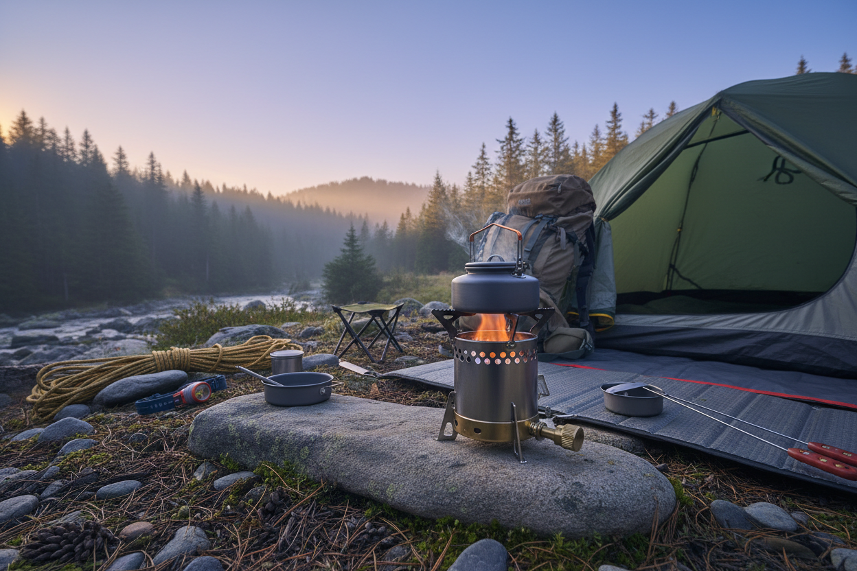 Realistic outdoor camping scene featuring a compact camping heater or burner in use. Set in nature with a tent, backpack, and camping gear nearby. Cool early-morning or evening light, rugged but clean environment. Focus on functionality and portability. Natural colors, realistic photography, no people’s faces, no branding, no text.

Notes:

Think “dependable gear,” not survival drama

Clean but authentic outdoors